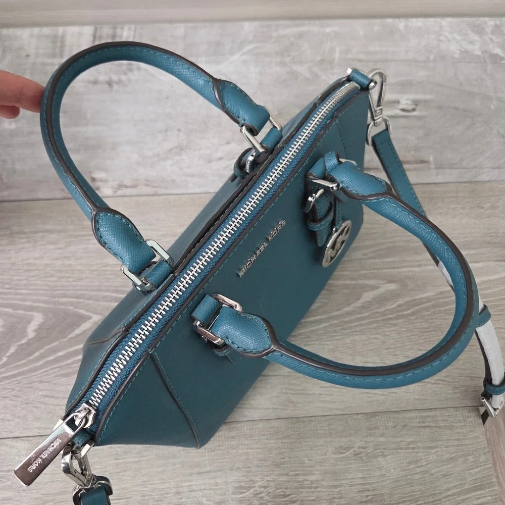 Michael Kors Ciara Medium Satchel Women Teal Blue Saffiano Leather Crossbody Bag